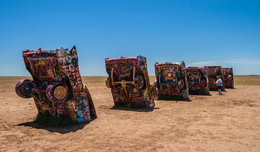 Famous Cadillac Ranch, public art and sculpture installation created by Lord Chip, Hudson Marquez and Doug Michels near Amarillo, Texas.
