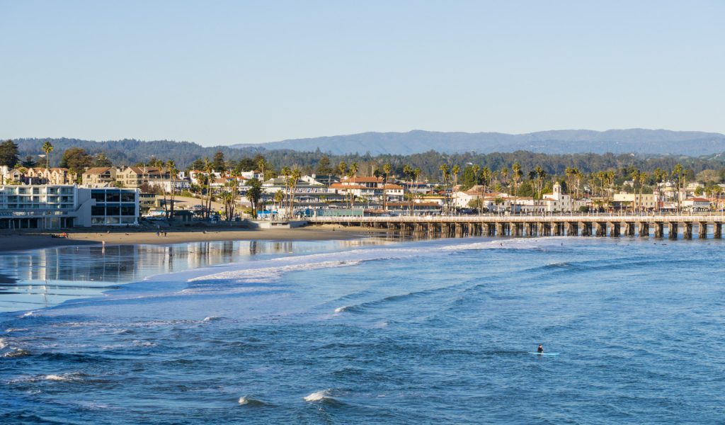 Santa Cruz bay and wharf at sunset, California