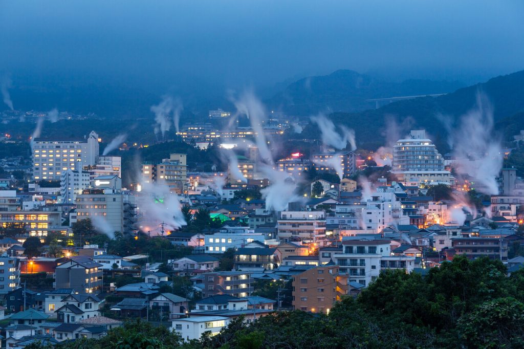 Japan cityscape with hot spring bath houses