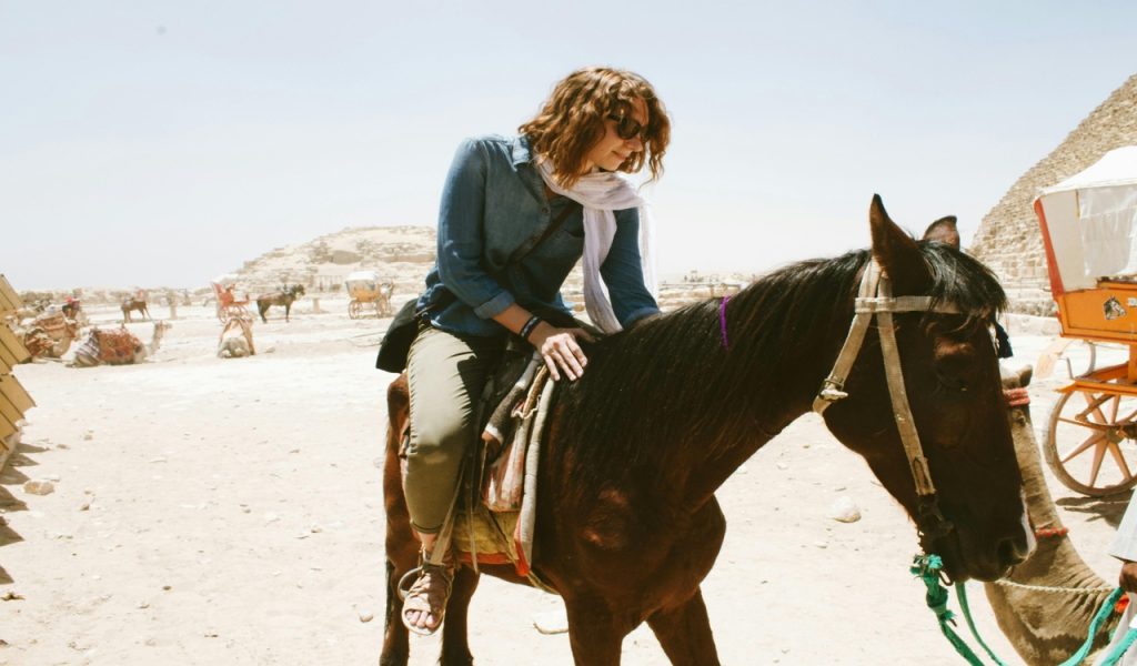 Woman Wearing Blue Long-sleeved Shirt Riding Brown Horse
