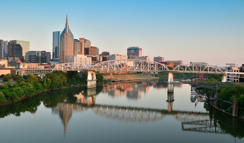 Nashville Skyline with Pedestrian Bridge at Sunrise 
