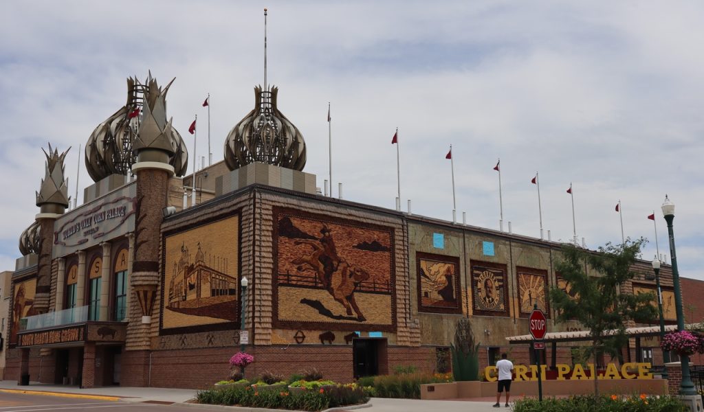 The Corn Palace, partially decorated in July 2020, seen from North Main Street in Mitchell, South Dakota, United States