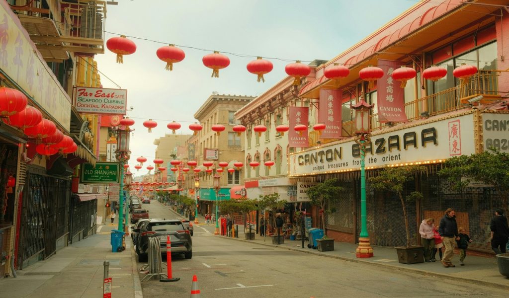 Vibrant Chinatown Street with Hanging Lanterns 