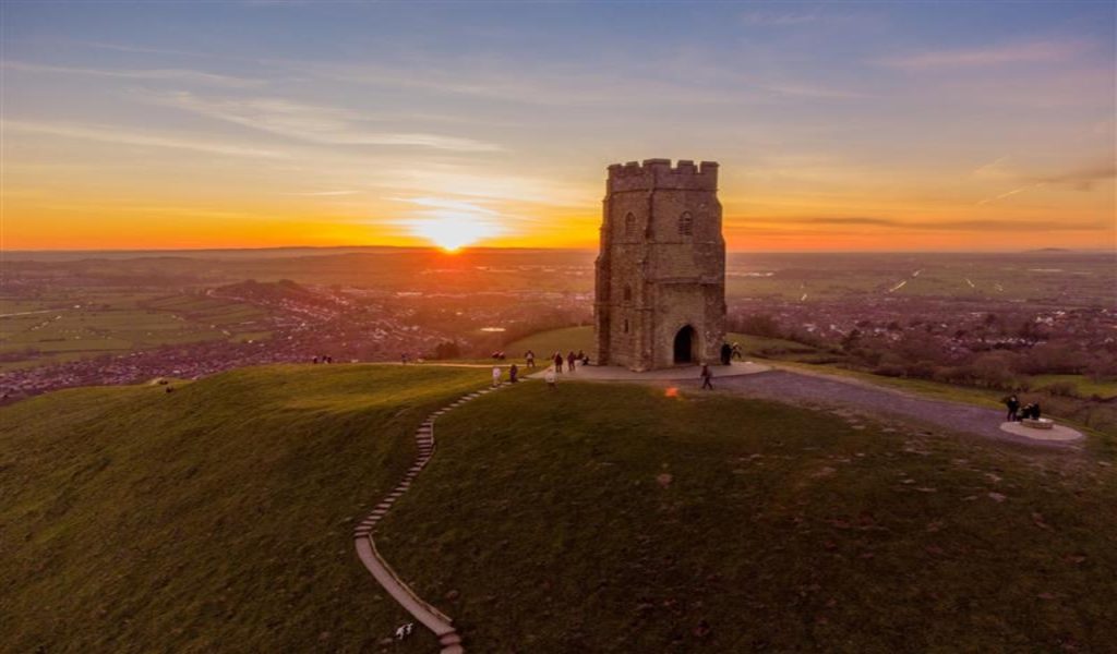 Glastonbury Tor in Somerset UK, golden hour 

