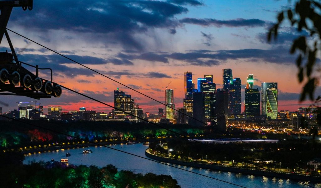 Evening View of Moscow Skyline by River
