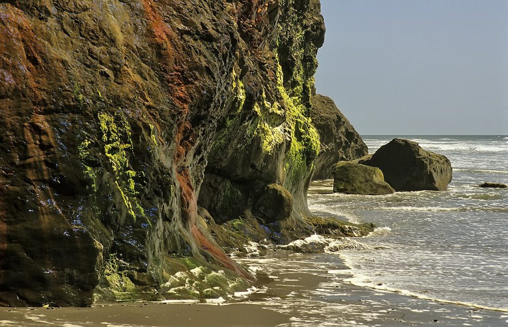Rock face in Ruby Beach with hot springs in the Olympic National Park, Washington State, USA.