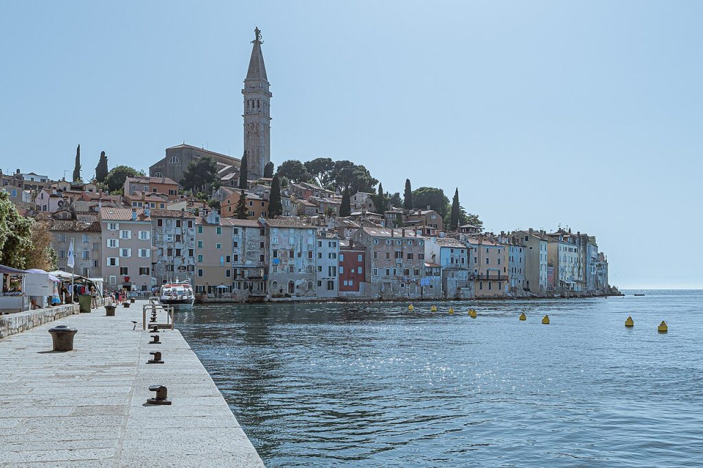 The old town of Rovinj in Croatia, seen from the pier of Valdibora.