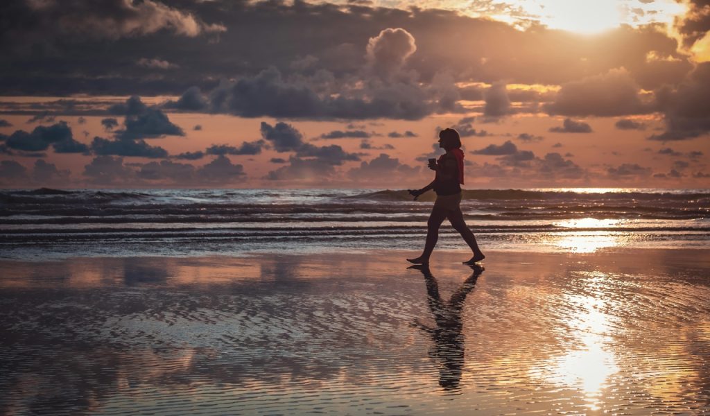 Silhouette of Walking Person on Seashore 