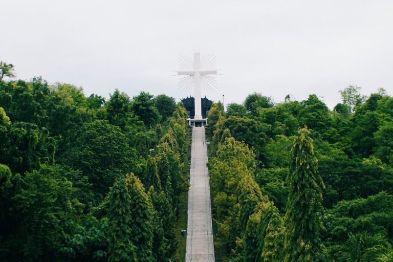 Aerial View of Majestic Cross Amidst Lush Forest