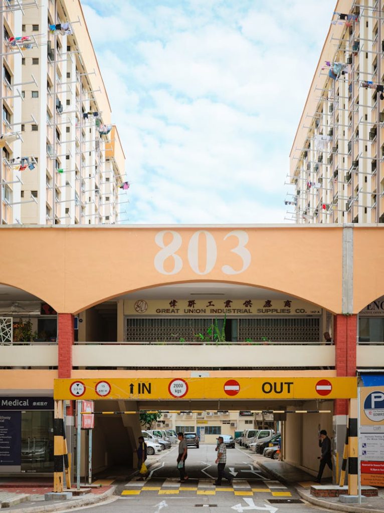 Urban Alleyway with Apartment Buildings and Overpass