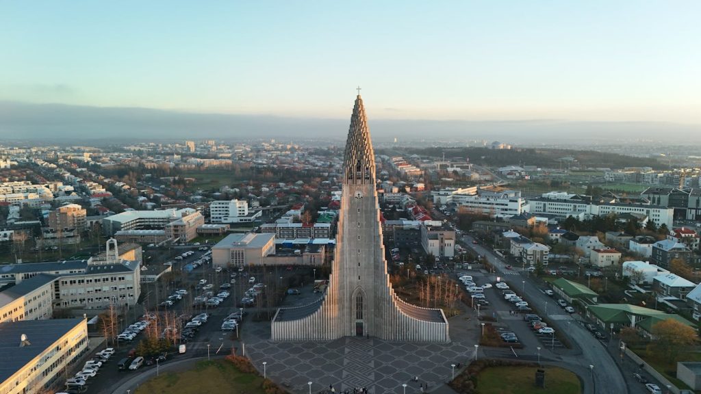 Aerial View of Hallgrímskirkja in Reykjavik at Dawn