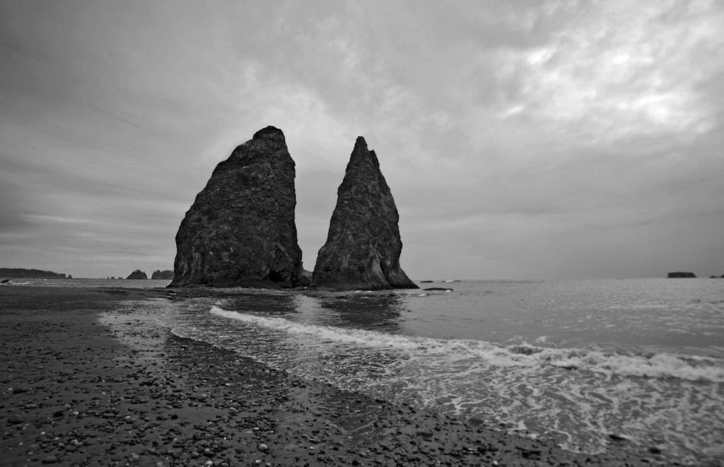 Grayscale Photo of Rock Formation on the Seashore, Port Angeles, WA, United States