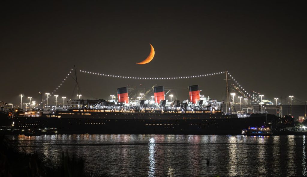 Queen Mary Ship and Crescent Moon in Long Beach