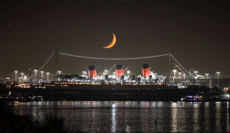 Queen Mary Ship and Crescent Moon in Long Beach