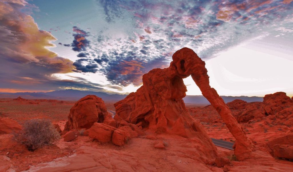 sunrise of natural Rock Formation In The Shape Of An Elephant, Valley of Fire State Park, Nevada, USA