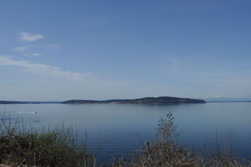 Looking slightly west of north toward McNeil Island from Steilacoom, Washington.
