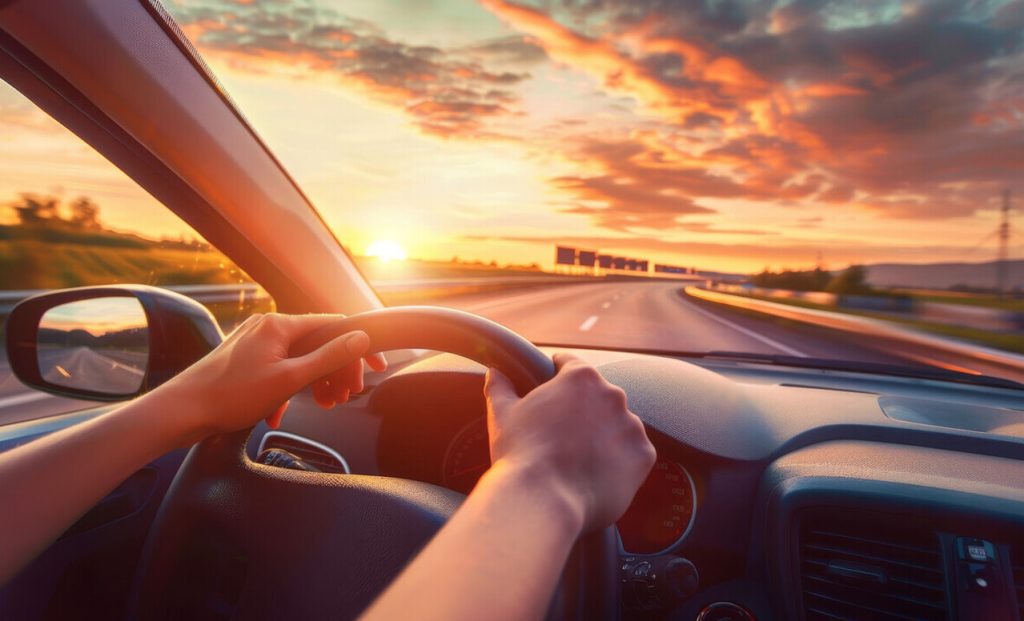 A clean car dashboard with sunlight streaming in and a calm, everyday driving scene.