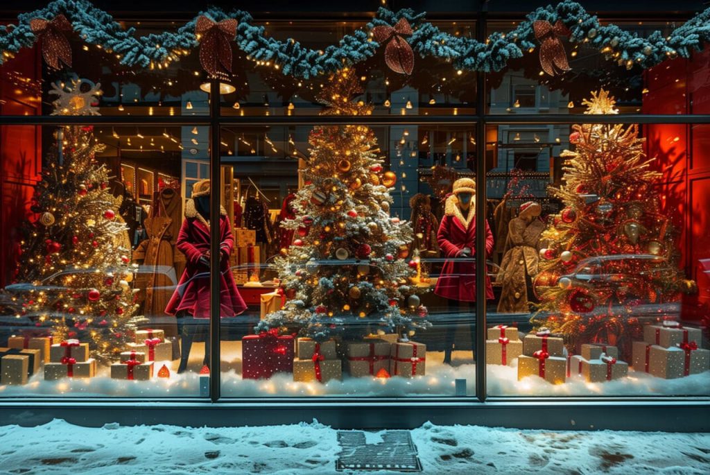 Retro shop windows decorated for the season