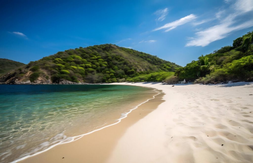 Stunning beach cove with crystal clear water, white sand, lush green hills.