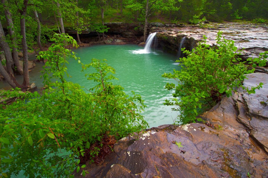 A wide view of Falling Water Falls is located on Falling Water Creek in Arkansas