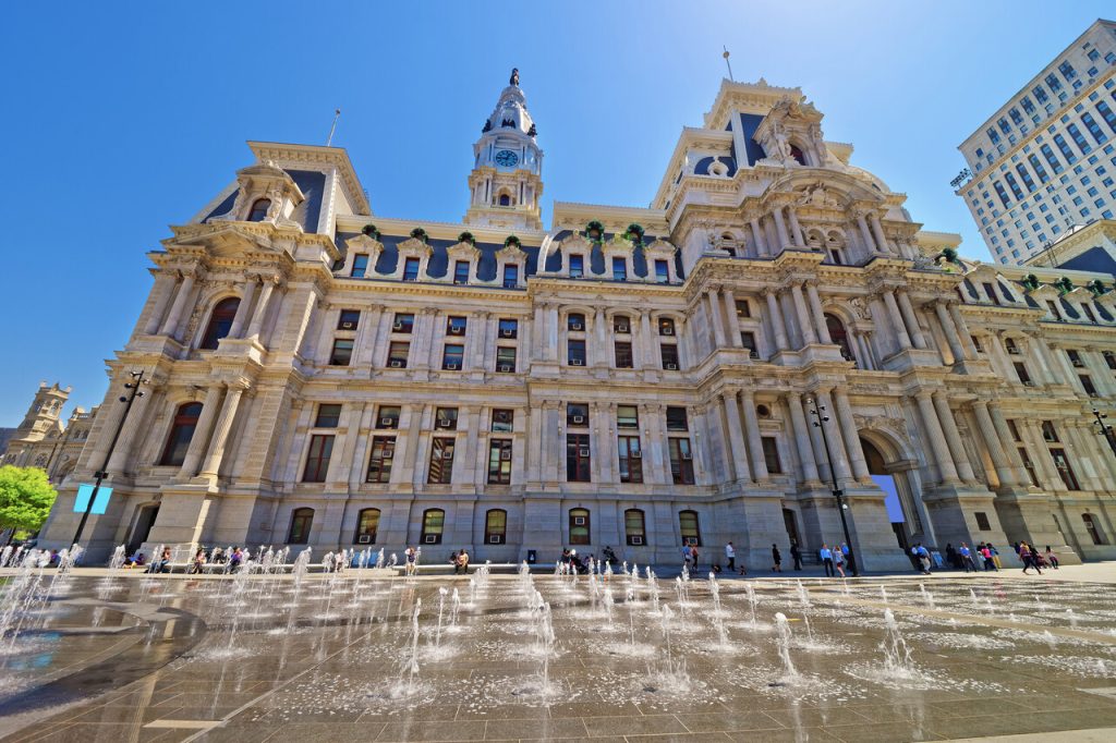 Philadelphia City Hall with the fountain on Penn Square