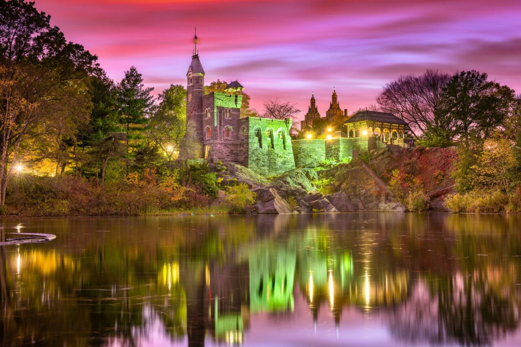 Central Park, New York City at Belvedere Castle during an autumn twilight.