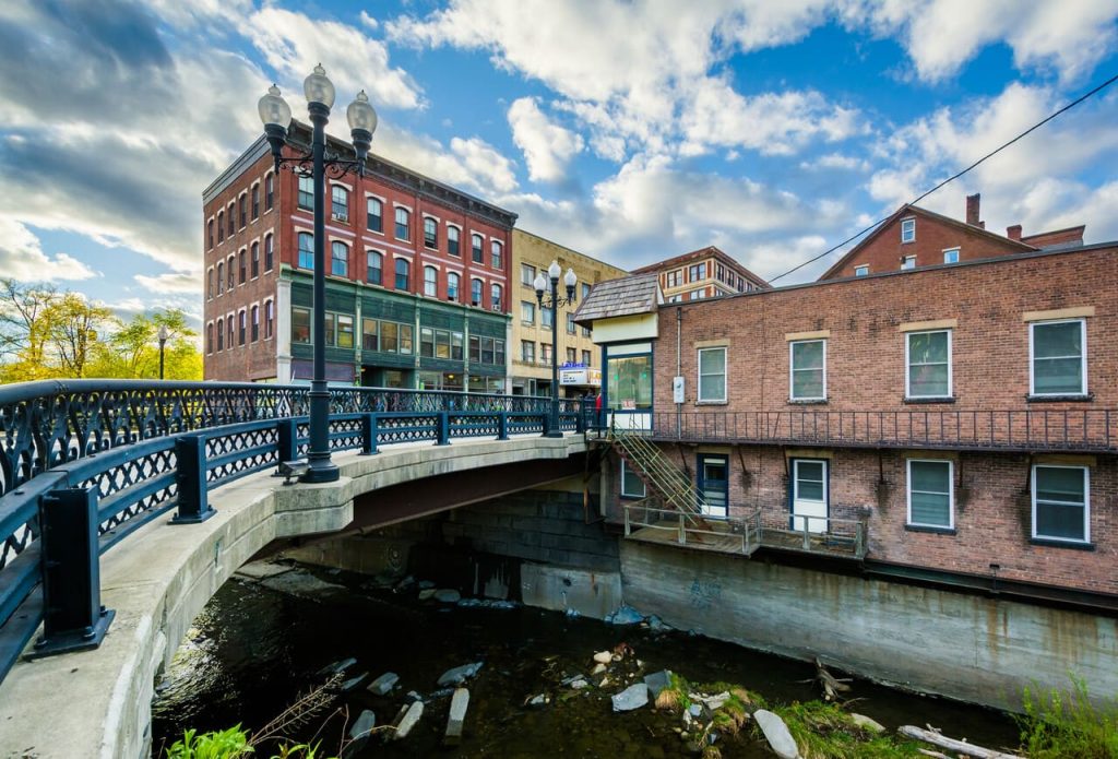 Buildings along Main Street, in downtown Brattleboro, Vermont.