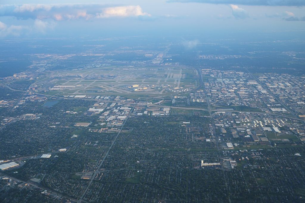 An aerial view of Chicago O'Hare airport from American Airlines flight