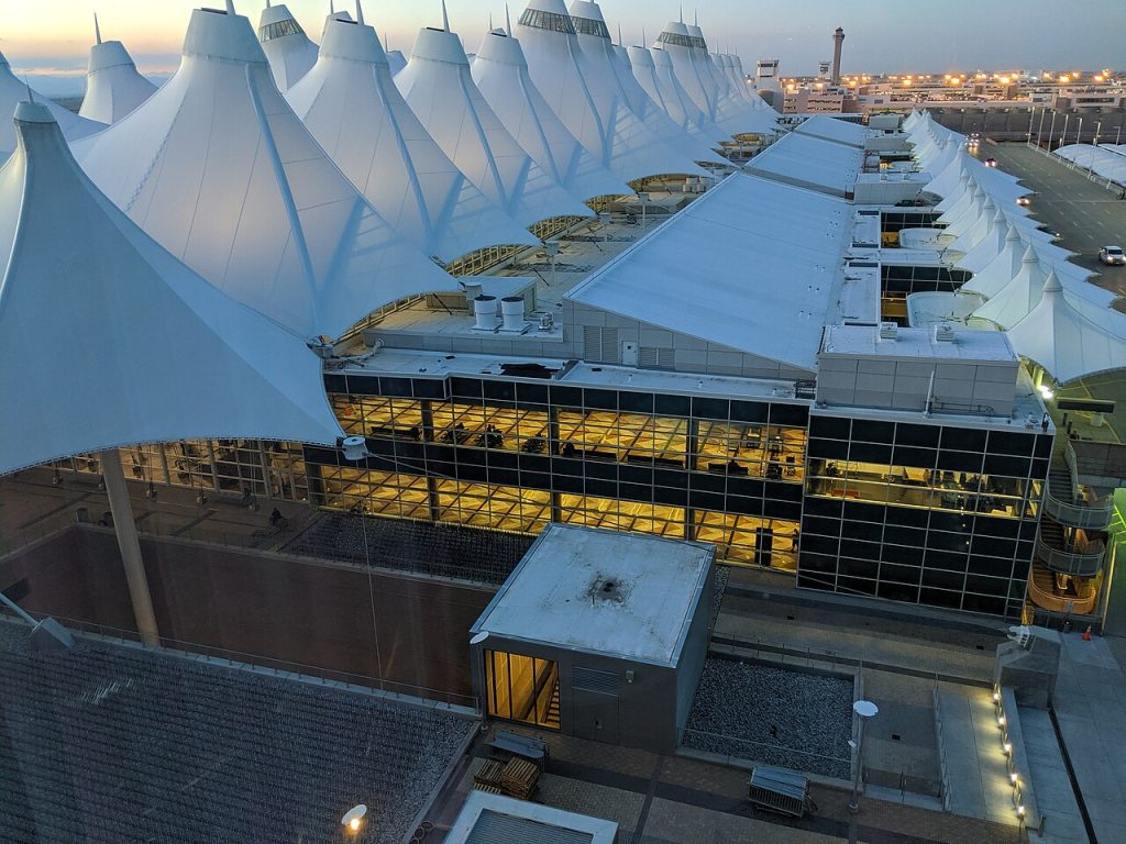 Denver International Airport Main Terminal at dusk from the Westin Hotel