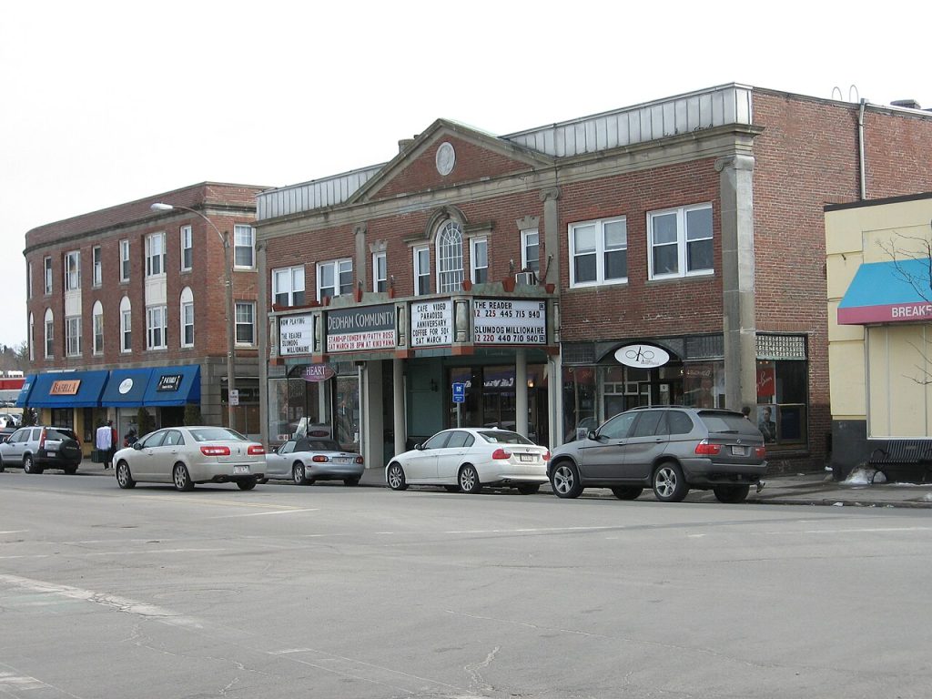Facade of the Dedham Community Theatre in Dedham, Massachusetts