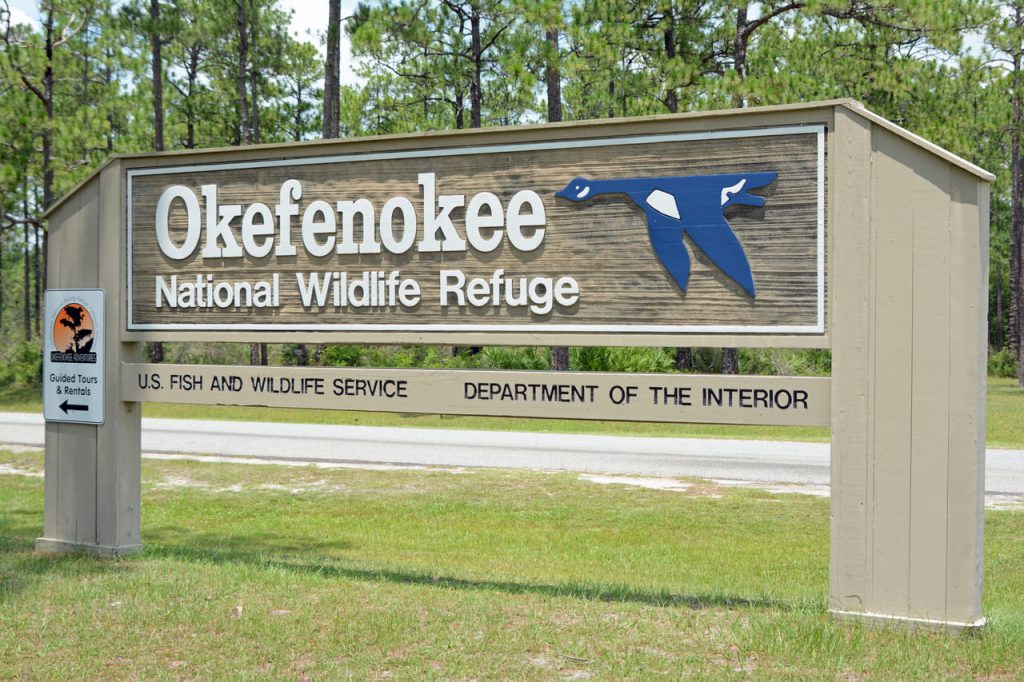 Okefenokee National Wildlife Refuge sign, Charlton County, GA, US