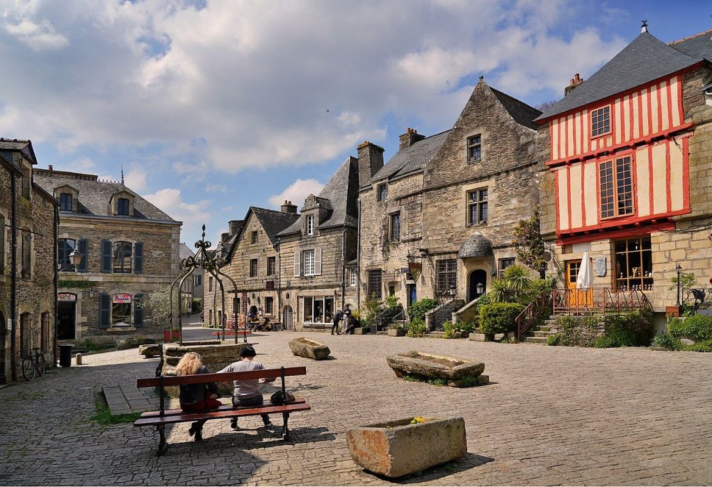 A small town square with benches