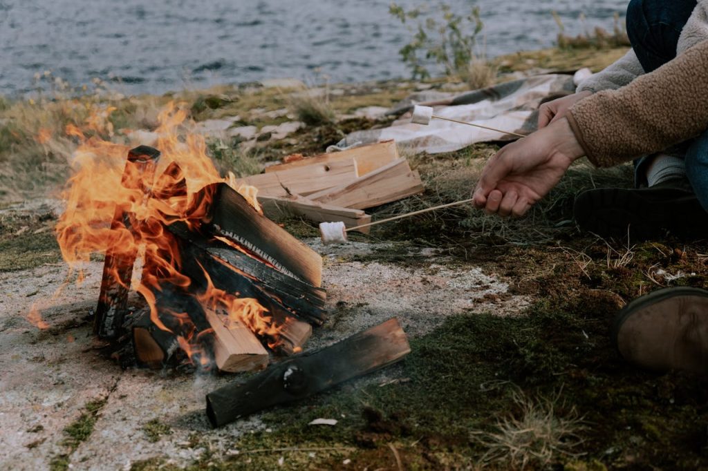 Campers roasting marshmallows with the ocean in the background