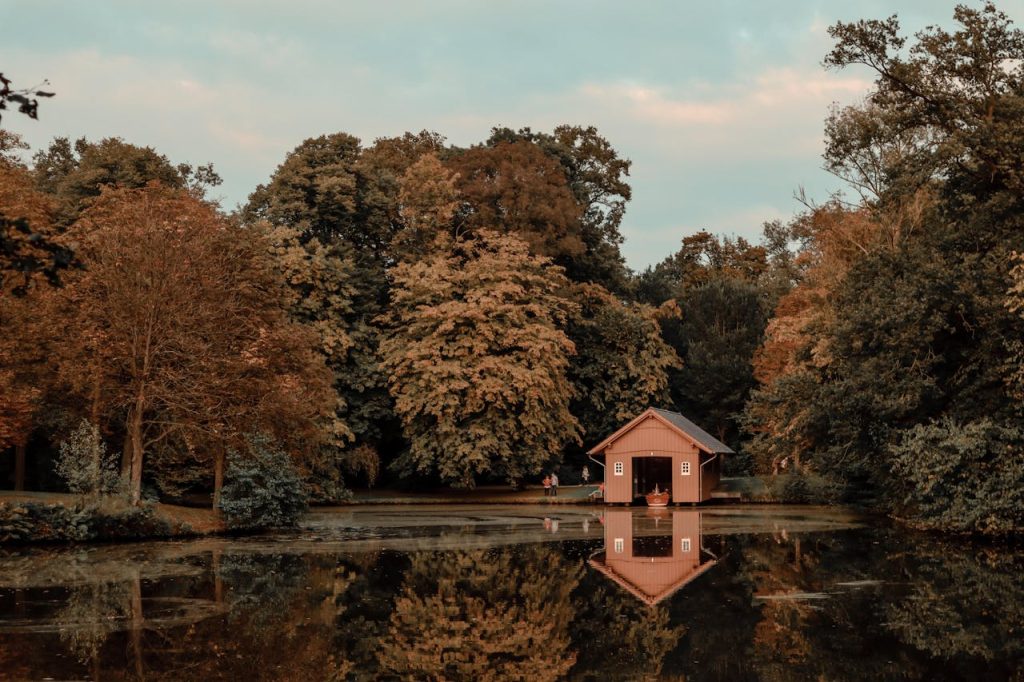 A rustic cabin surrounded by trees or beside a lake
