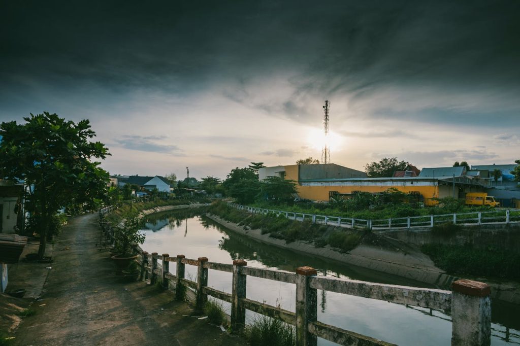 A calm riverbank beside a bend in the road