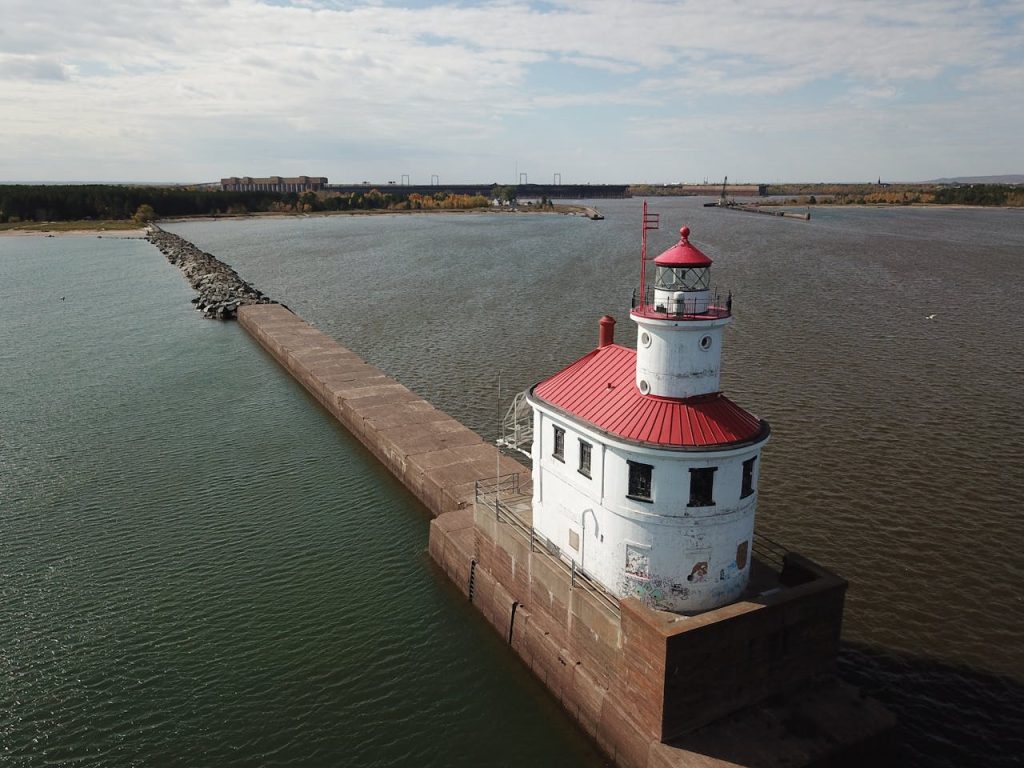 Drone Shot of the Wisconsin Point Light in Superior, on Wisconsin Point, in Douglas County, Wisconsin
