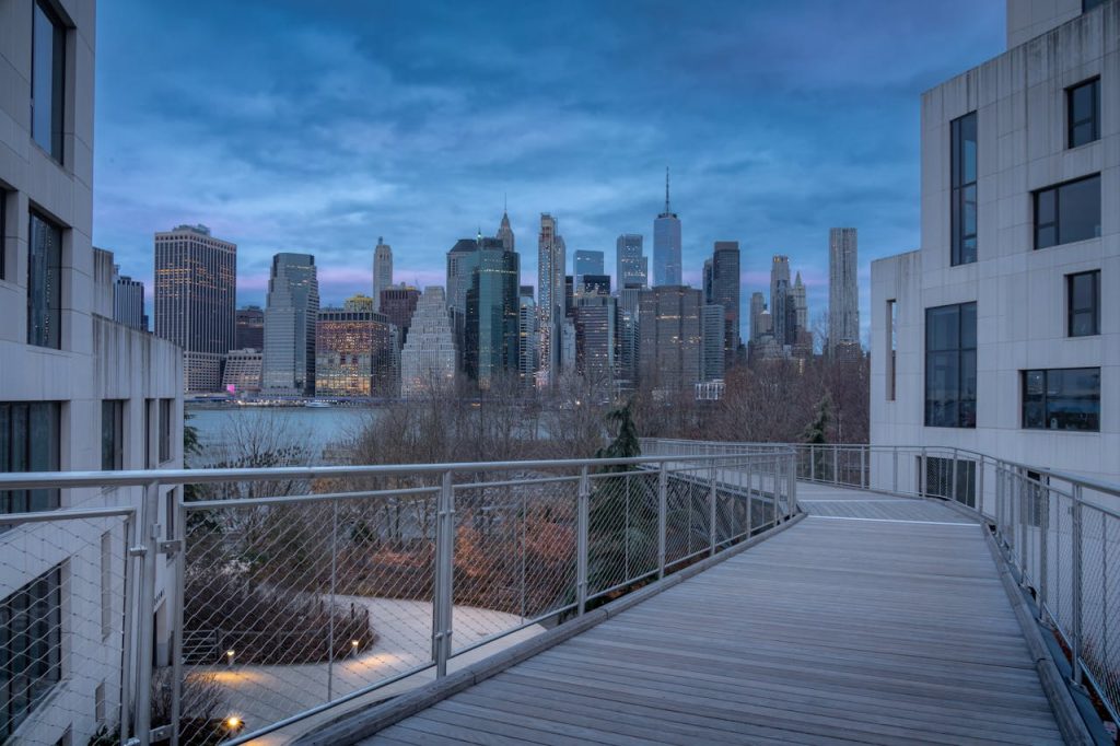 Manhattan Skyscrapers behind Squibb Park Bridge in Brooklyn