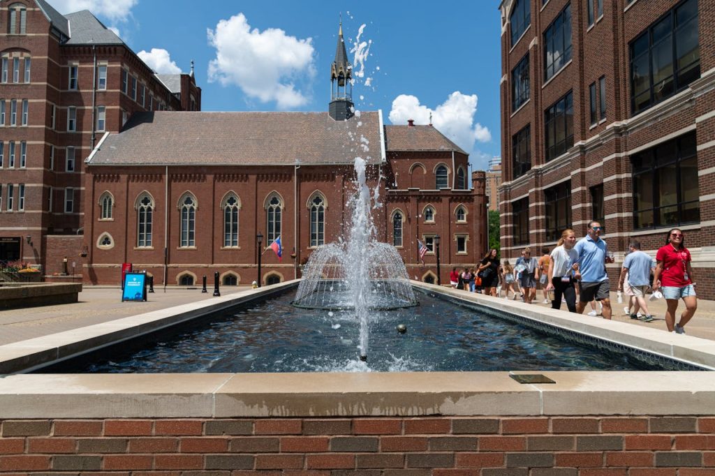 Urban Fountain Scene with Historic Architecture
