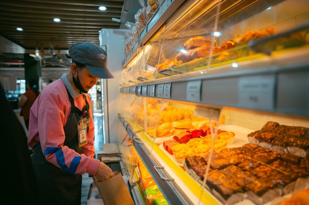 A local bakery counter with fresh pastries.