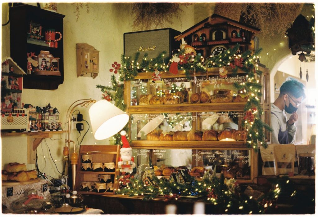 Cozy bakery counter with warm lighting