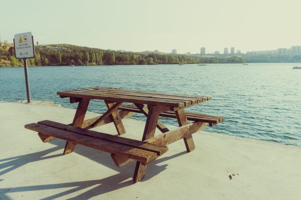 • Calm waterfront promenade with benches