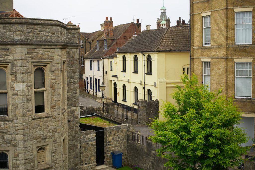 Old brick buildings or cobblestone streets