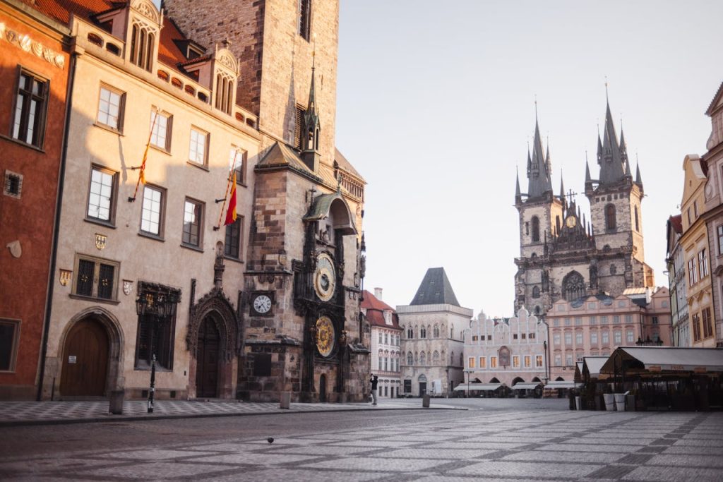 Public square with an old clocktower or heritage building