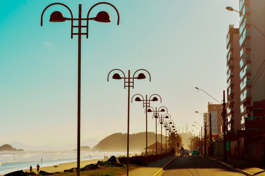 A peaceful street or coastal path with mild weather and light foot traffic.