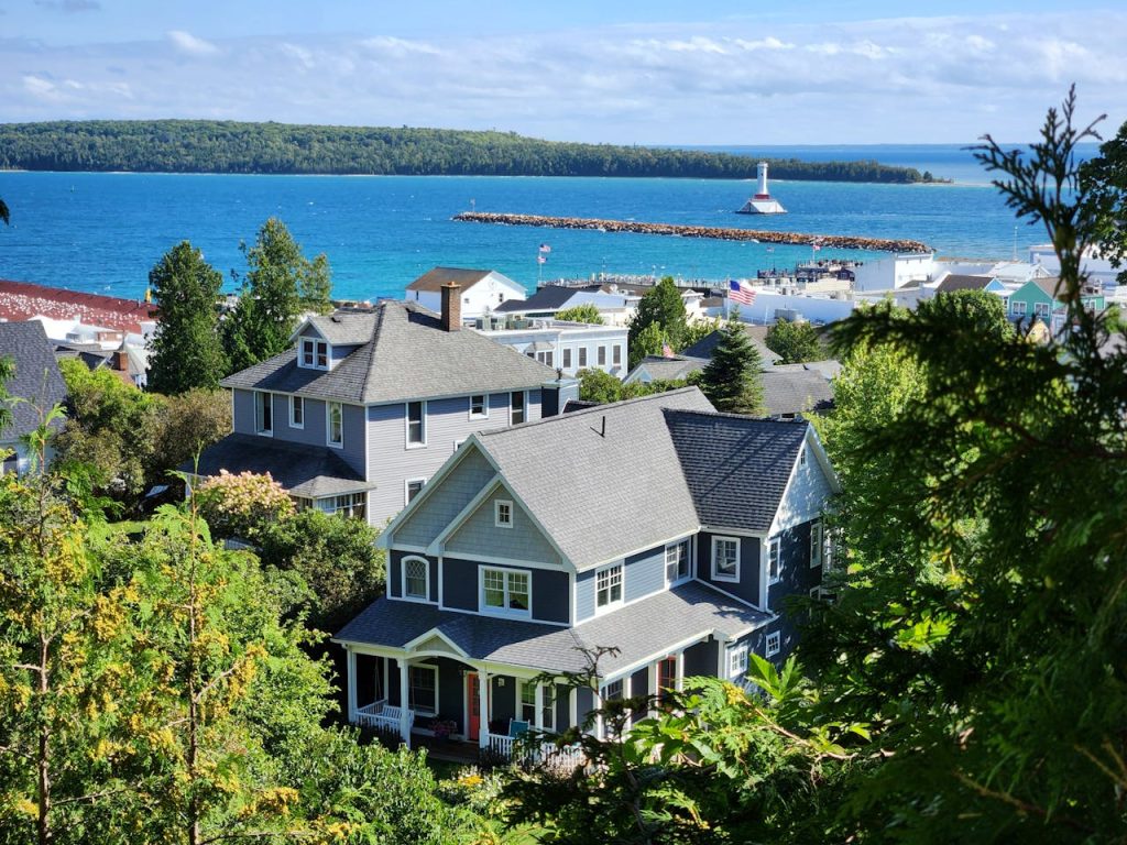 A view of houses and the ocean from a hill