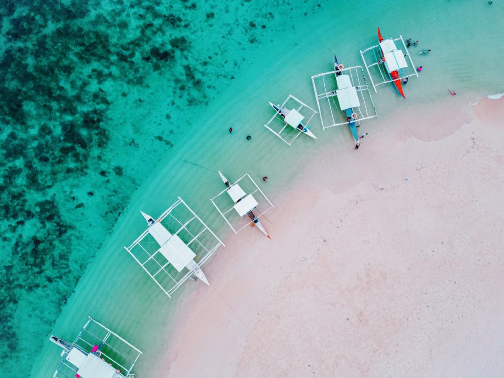 Top View of Boats Moored on the Shore of Siargao Island in Philippines