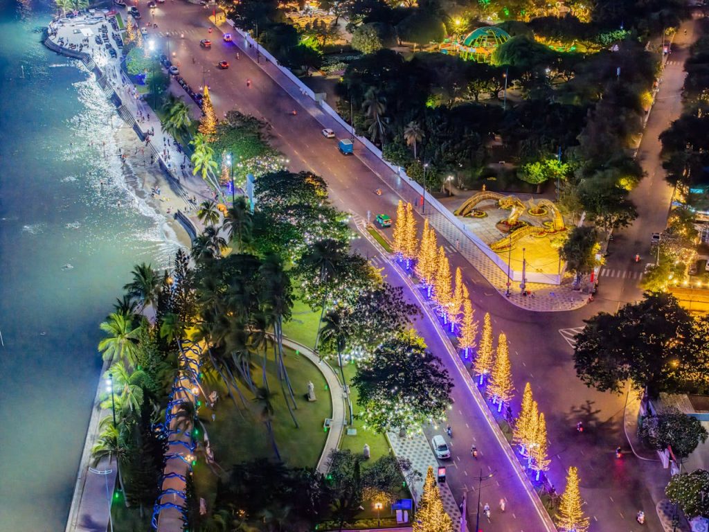 Aerial view of a festive amusement park