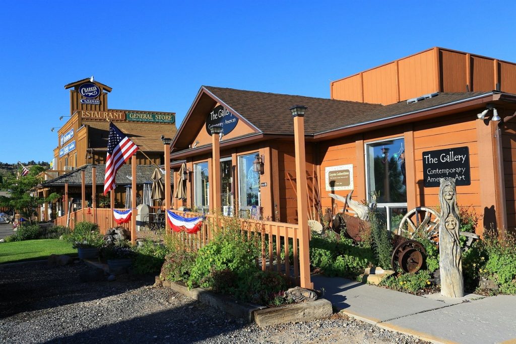 A row of antique shops in a rural setting
