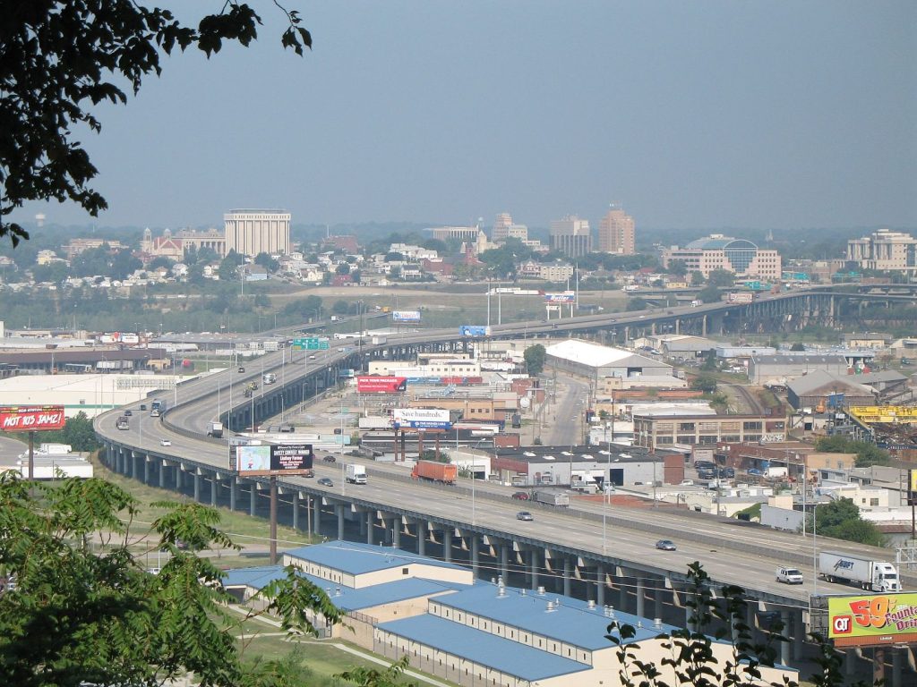I-70 crossing on the Intercity Viaduct over the Kansas River from Kansas to Missouri in Kansas City