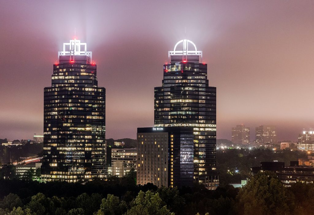 The contemporary skyline of Sandy Springs is dominated by the Concourse office towers